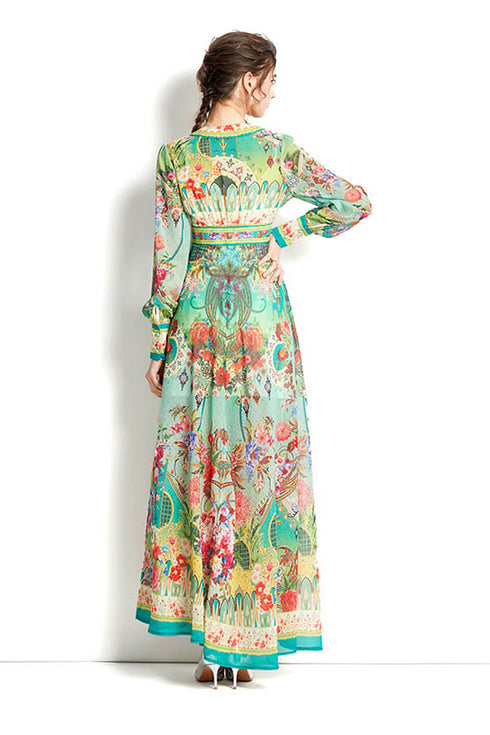 Spellbind Runway Fashion Floral Print Bohemian High Waist, V-Neck, Long Lantern Sleeve Maxi Dress